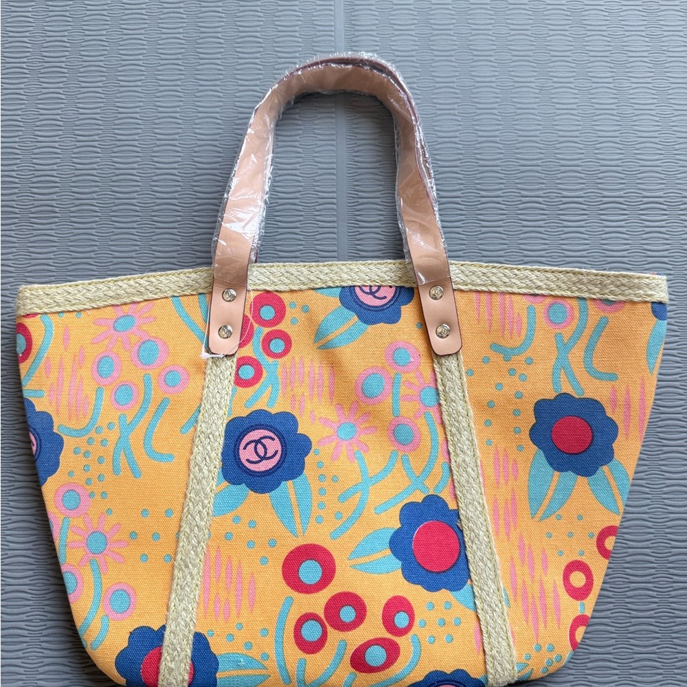 Spring Orange Floral Canvas Tote with Blue and Pink Accents